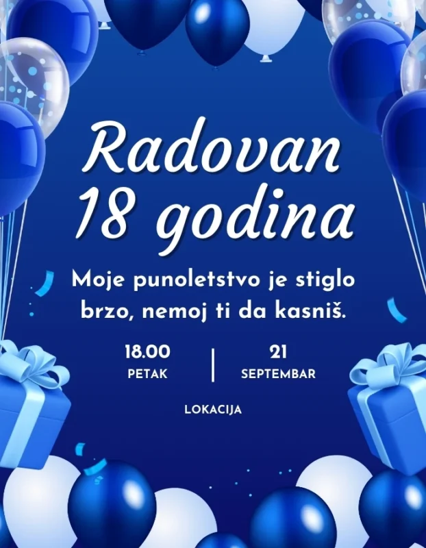 Plava pozivnica za 18. rođendan sa poklonima