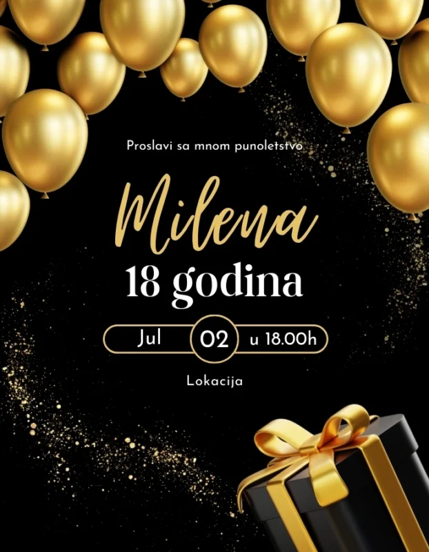 Pozivnica sa zlatnim balonima za 18. rođendan