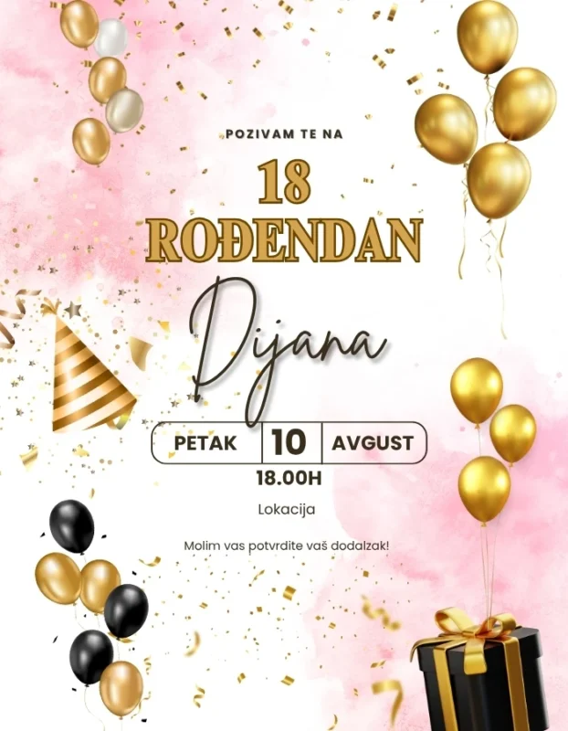 Elegantna roze-zlatna pozivnica za 18. rođendan