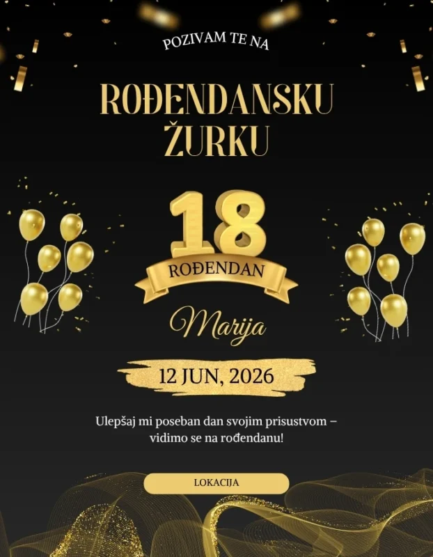 Glamurozna crno-zlatna pozivnica za 18. rođendan