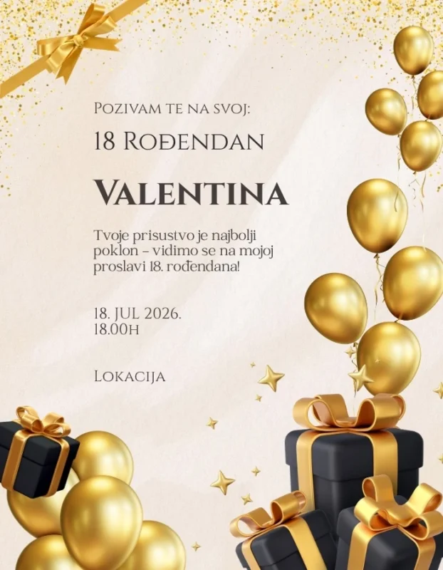 Elegantna pozivnica za 18. rođendan u zlatno-belim tonovima