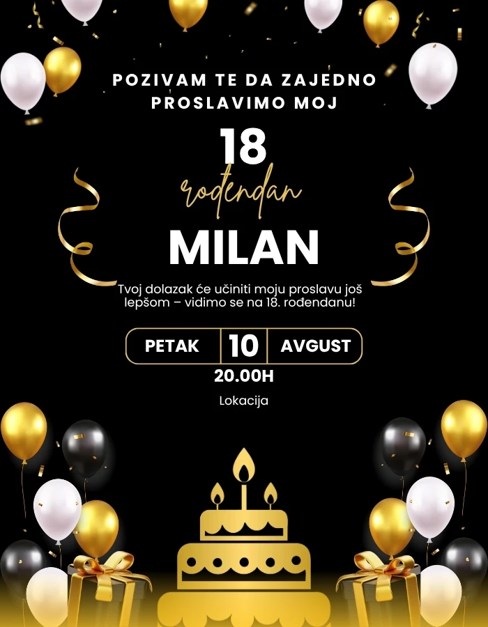 Pozivnica za 18. rodjendan (6) Moderna pozivnica za 18. rođendan sa svečanim detaljima