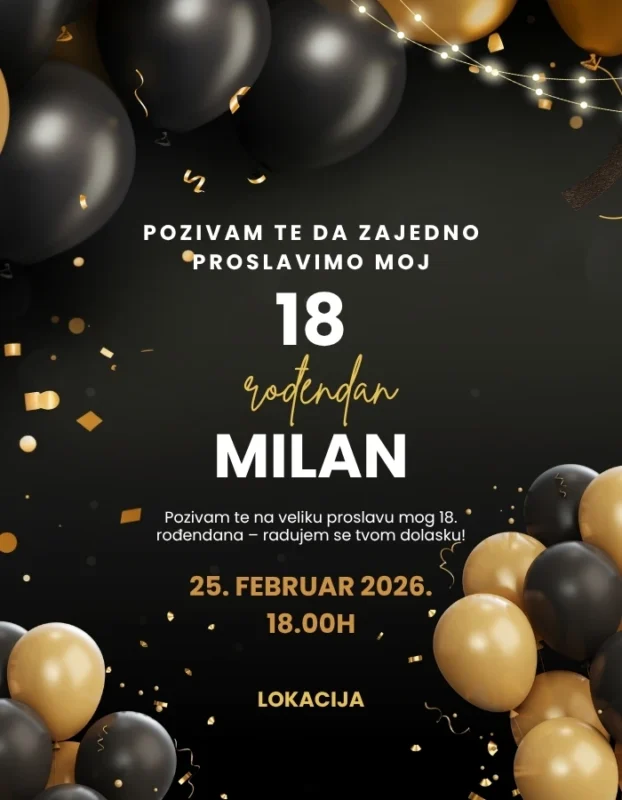 Elegantna crno-zlatna pozivnica za 18. rođendan